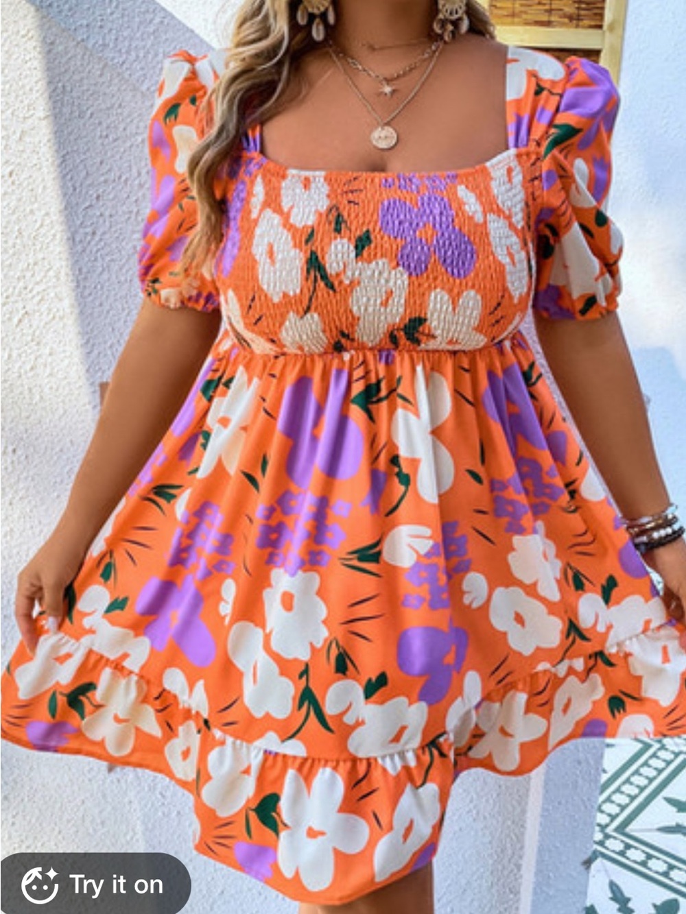 SHEIN Orange Floral Smocked Mini Dress with Purple Accents